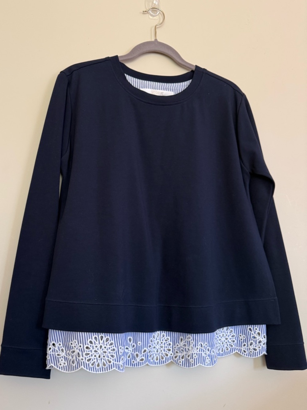 Navy Pullover with Blue-White Striped Underlayer Floral Embroidery Casual Beach